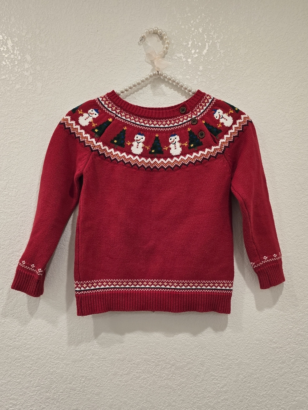 Vintage Christmas Cotton Sweater Round Neck Snowmen Yoke Pattern Red 4-5Y